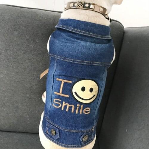 Dog Jeans Romper Fashion Jacket For French Bulldog Chihuahua Pug Smiling Face Pattern Spring Dog Jeans Vest
