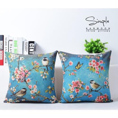 European rural blue painting sakura 43 * 43 hold the pillowcase and cushion for leaning on cotton and linen No Inner
