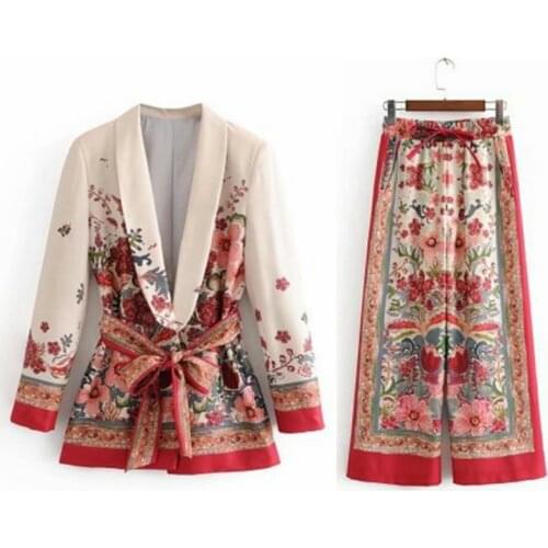 Indie Two Piece Set Floral Blazer with Free Belt Women Ethnic Style Casual Office Blazer 2021 New Drawstring Wide Leg Pant Suits