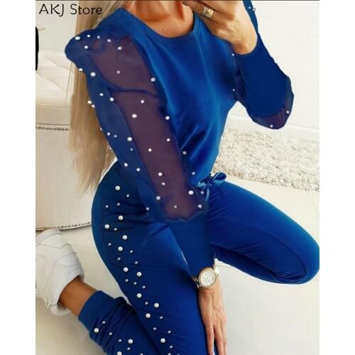 Women Two Piece Outfits Beaded Sheer Mesh Long Sleeve Top & Pants Set