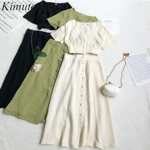 Kimutomo Summer Suit Women New Stylish V-neck Short-sleeved Short Top + High Waist Thin Single Button Skirt Two Piece Sets