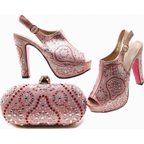 Beautiful pink women pumps with crystal decoration african shoes match handbag set for dress X17,heel 12CM