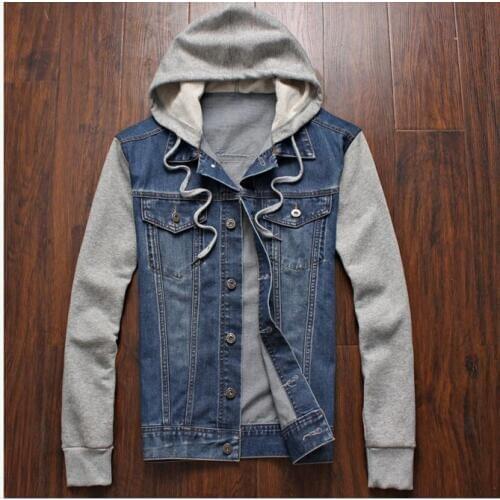 2020 Mens Stitched Denim Jacket Detachable Rice Knit Sleeve Hooded Jacket