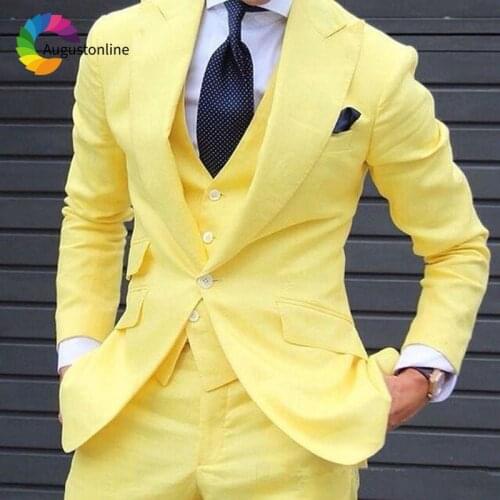 2019 Slim Fit Yellow Men Suits For Wedding Bridegroom Groom Wear Costume Party Prom Casual Tuxedo Best Man Blazer Traje Hombre