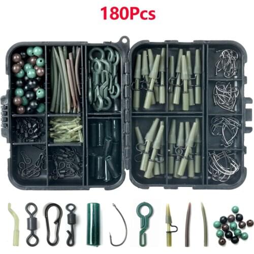 180Pcs/Box Carp Fishing Tackle Kit Including Swivels Hooks Anti Tangle Sleeves Hook Stop Beads Boilie Bait Screw Accessories