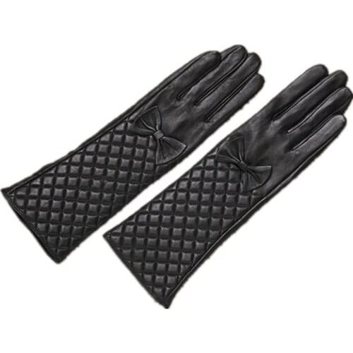 Genuine Leather Gloves for Women Fashion Brand Black Touch Screen Long Finger Gloves Bow-knot Warm In Winter New Arrival