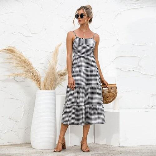 Plaid Sexy Spaghetti Strap Backless Midi Dress Women Summer Casual Slim Sleeveless Lace Up Hollow Out Design Holiday Sundress
