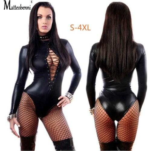 Sexy Latex Bondage Bodysuit Lady Teddy Lingerie Women Sexy Costumes Exotic Jumpsuit Clothes Faux Leather Catsuit Dress Costumes