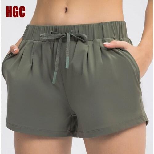 HGC 2021 Running Shorts Women With Two Side Pocket Waist Drawstring Gym Casual Shorts Loose Elastic Fitness Workout Yoga bottoms