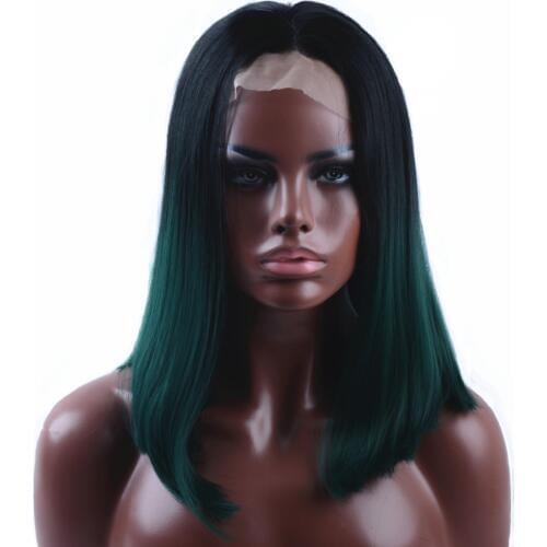 StrongBeauty Lace Front Wigs Ombre Dark green Medium length Straight Hair Synthetic Heat Resistant Fiber wig