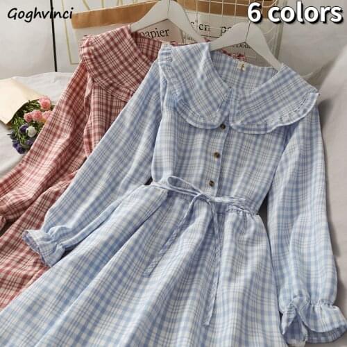 Dresses Women Preppy Style Japan Students Long Sleeve Button Plaid Vintage Retro Sweet Trendy Chic Peter Pan Collar Girls Female