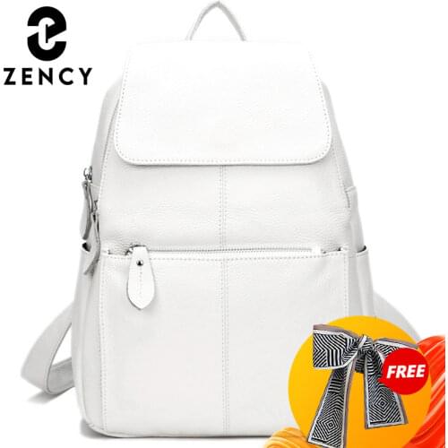 Zency 100% Genuine Leather Women Backpack Fashion Ladies Travel Bag Preppy Style Schoolbags For Girl Laptop Knapsack Black White