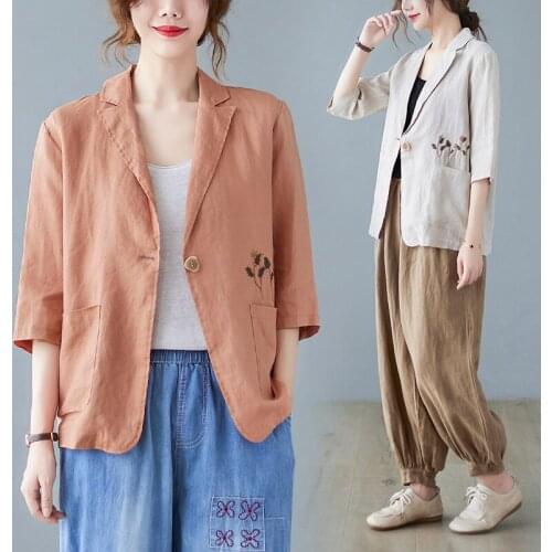 Thin Section Linen Embroidery Suit Women 2021 Summer New Vintage Loose Plus Size Cotton Linen Sunscreen Tops Casual Short Blazer