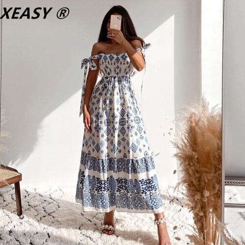 XEASY Women 2021 Fashion Totem Print Smocked Elastic Bust Midi Dress Vintage Sleeveless Bow Tied Wide Straps Female Dresse Mujer