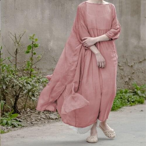 Johnature 2021 Autumn Summer Silk Loose Dress New Arrival Women Soft Comfortable Loose Round Neck Silk Dress