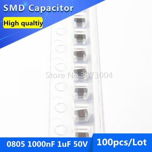 100pcs SMD Thick Film Chip Multilayer Ceramic Capacitor 0805 1000nF 1uF 50V 1UF X7R 10