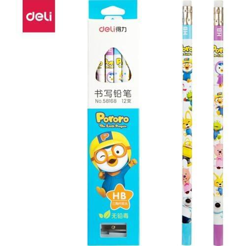 12pcs / box Deli 58168, cartoon cute high-grade log graphite HB rubber pencil, with pencil sharpener, student office stationery