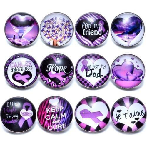 12pcs/lot Purple Love Heart Themes Glass Charms 18mm Snap Button Jewelry For 18mm Snaps Bracelet Snap Jewelry KZ0667