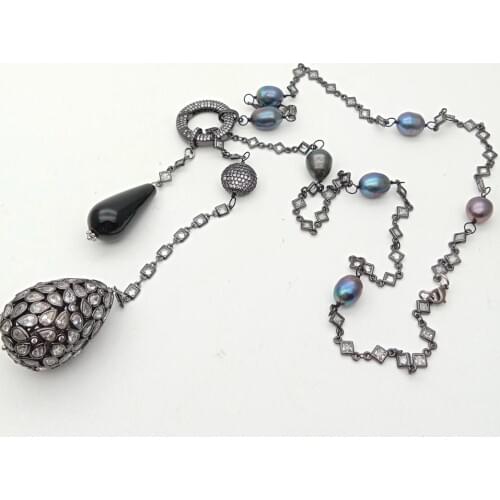 34'' Black Rice freshwater Pearl Onyx Cz Pave Chain Long Necklace cubic zirconia micro pave Teardrop Pendant