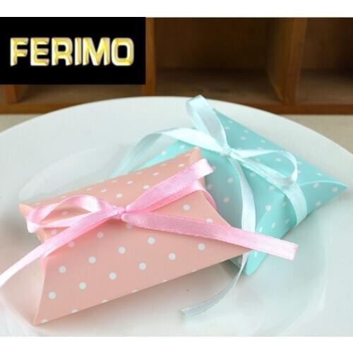 50pcs Pillow Shape Box Pink and Blue Dots Paper Gift Candy Boxes Supply Wedding Party Accessories Favor Paper Box with Ribbon