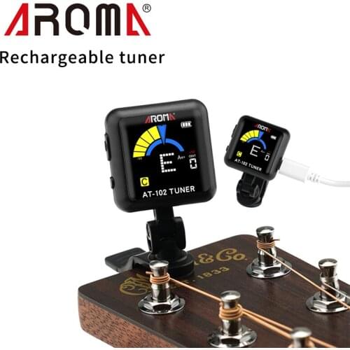 AROMA Tuner. AT-102 rechargeable tuner. Acoustic/electric guitar, ukulele, violin, bass universal tuner. Can rotate 360 degrees