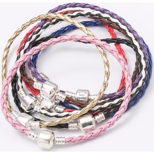 Free shipping 10pcs 20cm/3mm leather with silver clip bracelet chain fit european charm bracelet js696