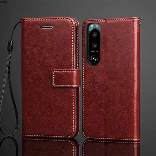 Card holder cover case fitted Case for Sony Xperia 5 III Pu leather Flip Case Retro wallet phone bag case closing strap