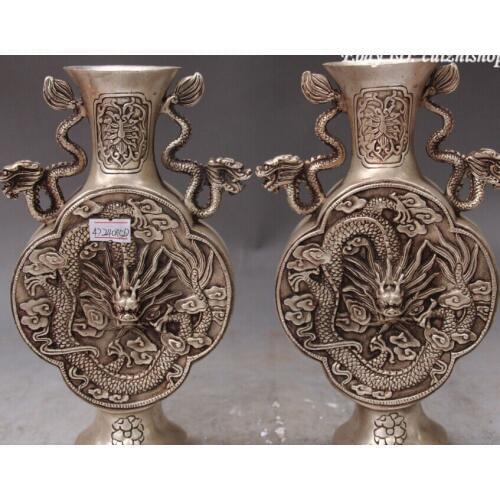 Decoration bronze factory outlets Tibet Silver Chinese Fengshui Silver Double Ear Dragon Dragons Flower Vase Bottle Pair Statue