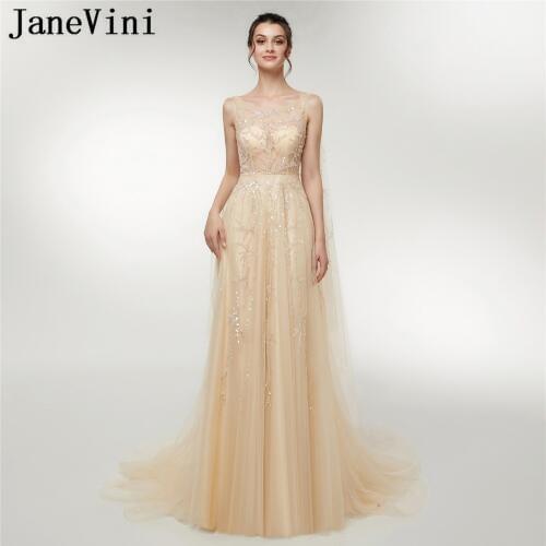 JaneVini Luxurious Beading Princess Long Prom Dresses A Line Scoop Neck Backless Illusion Tulle Bridesmaid Dress Vestidos Dama