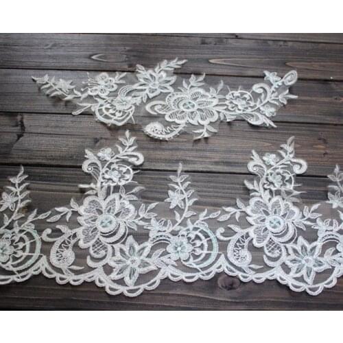 Super Ivory Embroidered Tulle Lace Trim with Greenish Crystalline Thread Bridal Wedding Lace