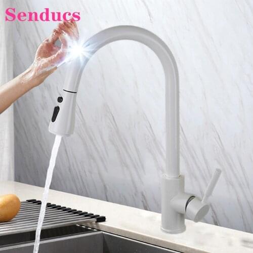 White Touch Kitchen Faucets Senducs Hot Cold Pull Out Kitchen Sink Faucets Sensor Water Tap Intelligent Touch Kitchen Faucet