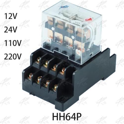 LY4NJ HH64P AC 110V 220V DC 12V DC 24V 14PIN 10A silver contact Power Relay Coil 4PDT with socket Base