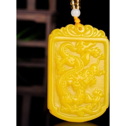 Fashion Yellow Jade Zodiac Dragon Pendant Necklace Jewellery Chinese Hand-Carved Relax Healing Women Man Luck Gift Free Rope