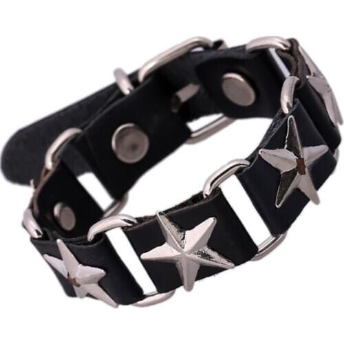 Punk Fashion Alloy Star Beads Black Bracelet Cuff Genuine Leather Rivets Charm Gothic Wristbands Wrap Bangle Hiphop Rock Jewelry