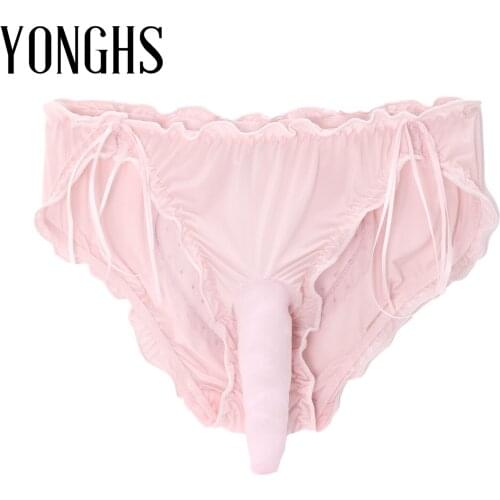 Mens Erotic Lingerie Bulge Pouch Ruffles Bottom Bowknot Decor See-through Mesh Heart Shaped Back Underwear Low Waist Underpants