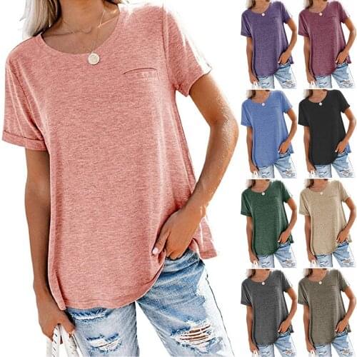 New 2021 Solid Color Cotton T-shirt Women O-Neck Pocket Tops Tee Loose Casual Summer Womens t shirt