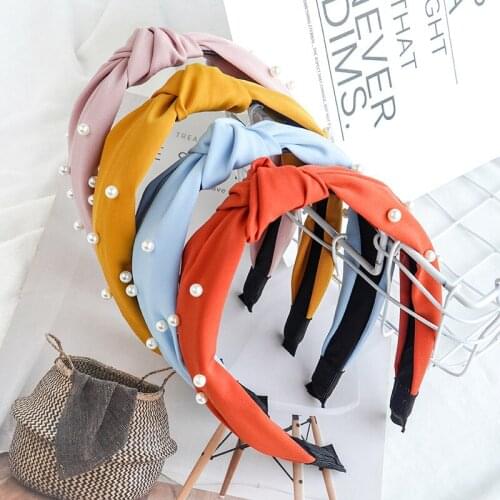 New Solid Color Pearl Hairband Knot Hair Hoop for Women Simple Cotton Fabric Cross Pearl Girls Hair Accessories FG071
