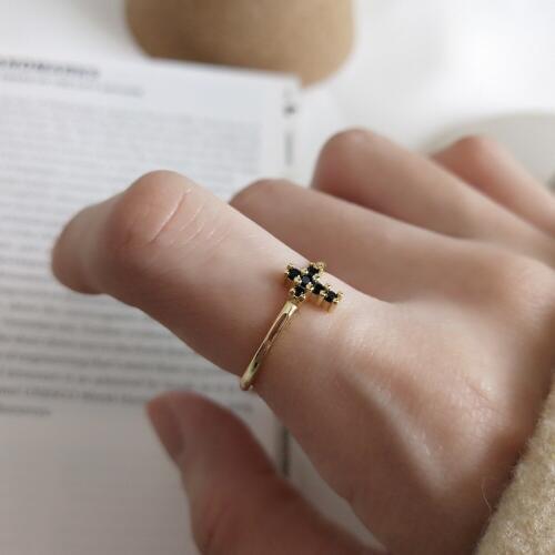 Authentic S925 Sterling Silver Fine Jewelry Golds Black Zirconia Religion Cross Open rings adjust J409