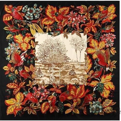 POBING 100% Silk Scarf Women Large Shawls Floral Print Scarves Wraps Square Bandana Hillside NecKerchief Female Foulards 130CM