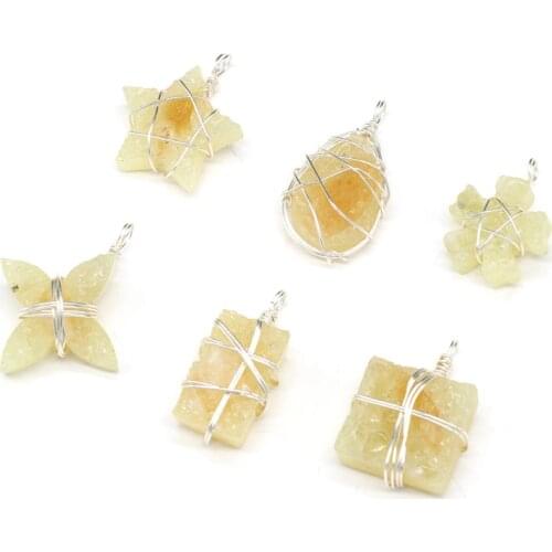 Charms Natural Stone Yellow Quartz Copper Wire Winding Handmade Pendant for Women DIY Necklace Earring Jewelry Making Gift