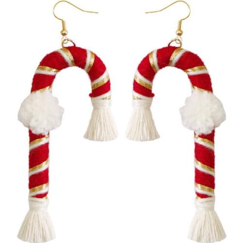 Pompom Cotton Thread Wrapped Christmas Candy Canes Earrings for Women Fashion Christmas Tassel Earrings Gifts Free Shipping