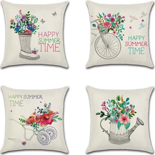Hello Summer Cushion Coverhand drawn flowers bike Pillow Cover Happy Summer Time Holiday Gift Pillow With Cover Square Burlap