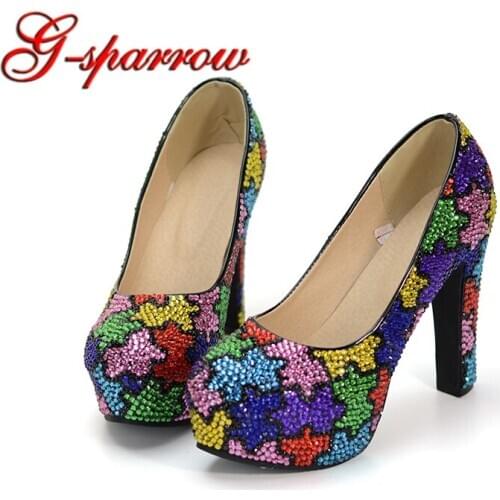 Luxurious Design Complicated Geometry Rhinestone Wedding Party Prom Shoes Mix Color Cinderella Prom Shoes Thick Heel Women Pumps