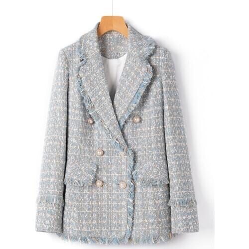 Light blue tweed womens light mature style retro short lapel top, ladies' small fragrance jacket
