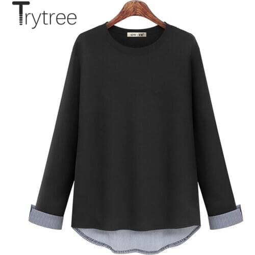 Trytree 2021 Spring Autumn Casual Woman T-shirt O-neck Cotten Blend T-shirt Irregular Stripe Hem T-shirt Oversize Tops For Women