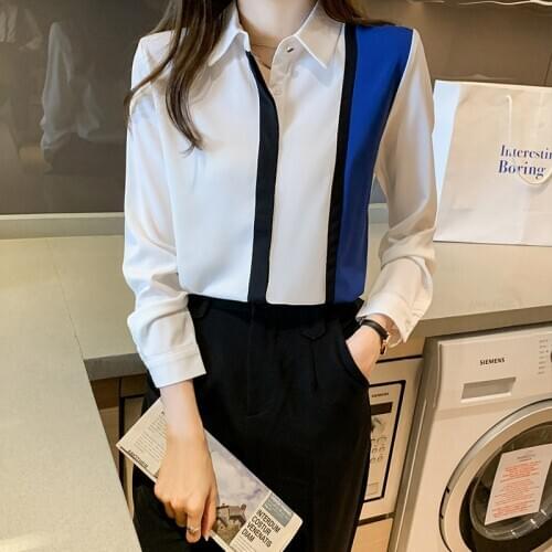 2021 New Spring Contrast Turn-down Collar Tops Fashion Long Sleeve Splicing Womens Blouse Temperament Chiffon Shirt Blusas