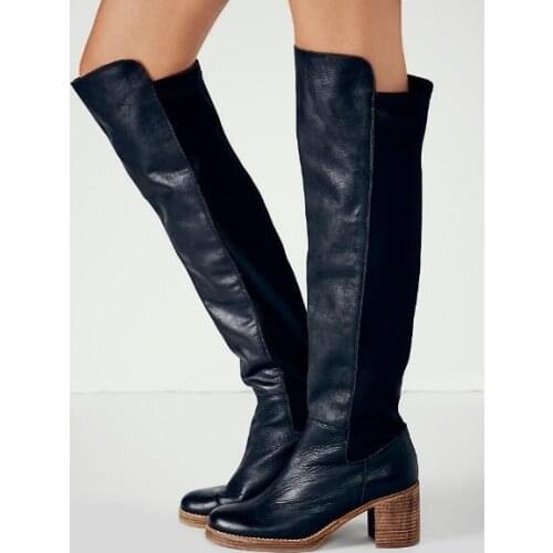 Womens Cowboy Boots Black Leather Thick Heels Womens Winter Boots Round Toe Slim Fit Over The Knee Boots Fashion Long Boots