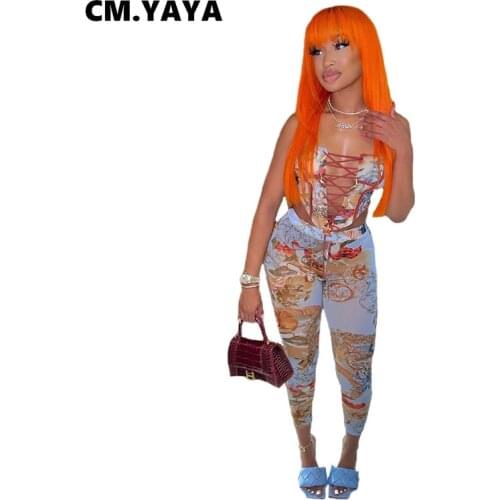 CM.YAYA Women Set Print Sleevelss Strapless Lace Up Slim Crop Tops Stretchy Pencil Pants Two 2 Piece Set Sexy Outfits Summer