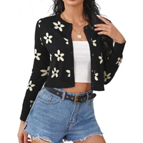 2021 Autumn Women Short Knit Cardigan Adults Button-down Embroidered Flower Print Long Sleeve Round Neck Sweater