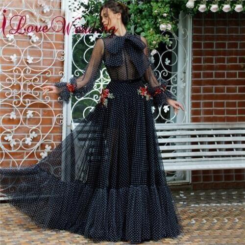 Robe De Soiree Sexy Evening Dresses Custom made A Line Formal Long Sleeves Embroidery Lace Black Evening Dress